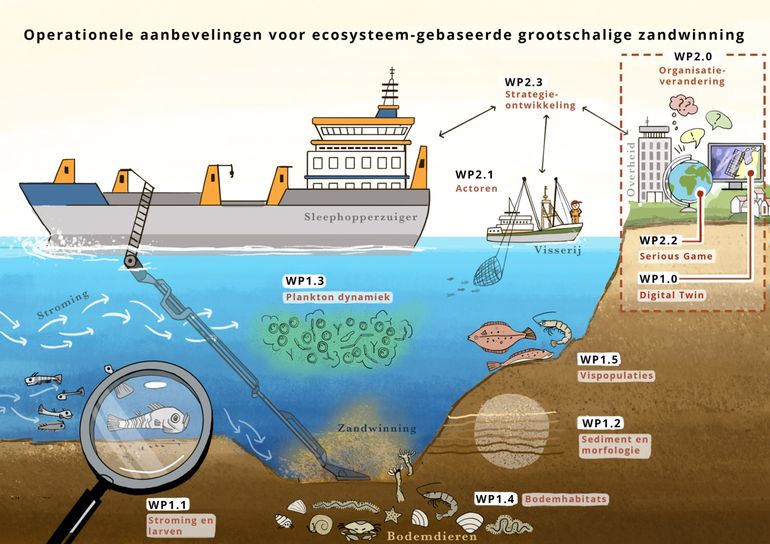 De illustratie geeft operationele aanbevelingen weer om ecosysteem-gebaseerde grootschalige zandwinning mogelijk te maken, zoals bijvoorbeeld organisatie-verandering en strategieontwikkeling