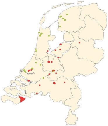 Voorlopige resultaten van argusvlindertelling. In groen de onderzochte hokken waar argusvlinders zijn gevonden.