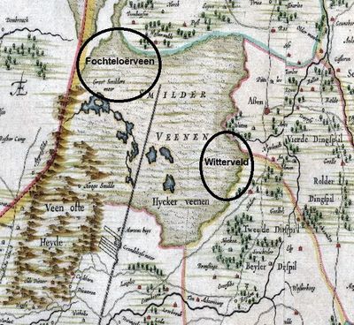 Uitsnede uit de historische kaart van Drenthe uit het jaar 1664 (Pynacker, 1664) met daarop de globale ligging van het Fochteloërveen en het Witterveld, twee hoogveenrelicten die ooit onderdeel waren van hetzelfde, uitgestrekte hoogveenlandschap