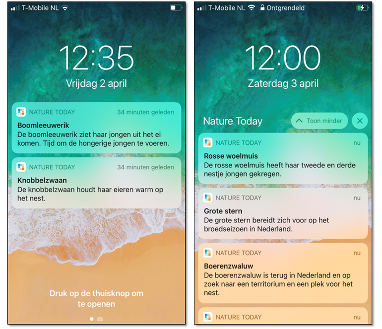 Notificaties die je rond het middaguur ontvangt van de soorten die je volgt in de Nature Today App