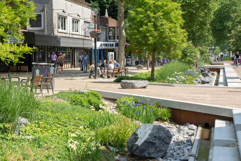 Klimaatadaptieve herinrichting van een winkelgebied in Nijverdal, met vaste planten in stadswadi's