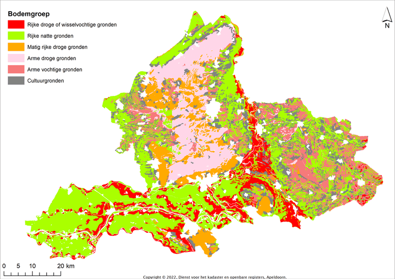 De bodemgroepen in Gelderland. Kansrijk voor herstel zijn bossen op rijke gronden zoals in de Achterhoek en de IJssel- en Rijnvallei.