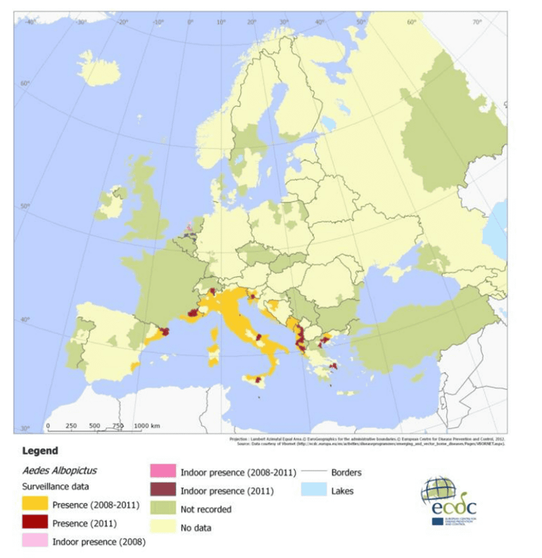 Aanwezigheid van de tijgermug in Europa in 2011. Oranje en donkerrood betekent dat ze buiten gezien zijn in de periode 2008 tot en met 2011. Roze en paars betekent dat de tijgermug in deze periode binnen is gezien