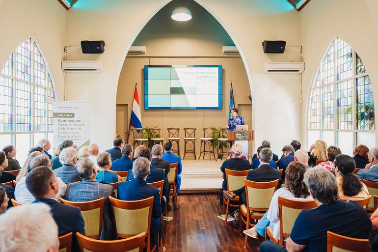 Jacintha Ellers speaking at the Dutch Caribbean Nature-Based Solutions Symposium