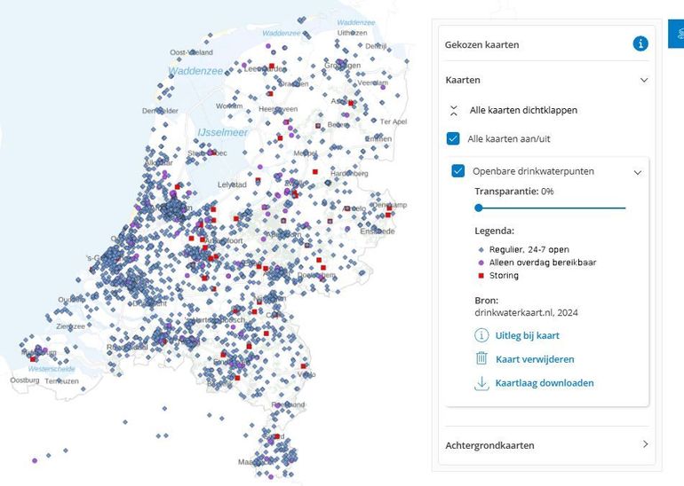 Op de kaart Openbare drinkwaterpunten zie je waar je gratis drinkwater kunt tappen bij jou in de buurt. Handig als je onderweg bent op de fiets of te voet. Klik op de kaart om de kaart te bekijken