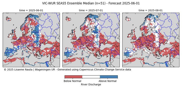 Verwachte rivierafvoer in Europa in juni en augustus 2025. De figuur toont de verwachte rivierafvoer (Ensemble Median) ten opzichte van de langjarige reeks. Grote delen van Europa, waaronder de bovenlopen van de Rijn en Maas, vertonen duidelijk lagere afvoeren dan normaal. Ook de bovenstroomse gebieden laten verminderde afvoeren zien. Deze verwachting is gebaseerd op simulaties met het grootschalige hydrologische model VIC-WUR