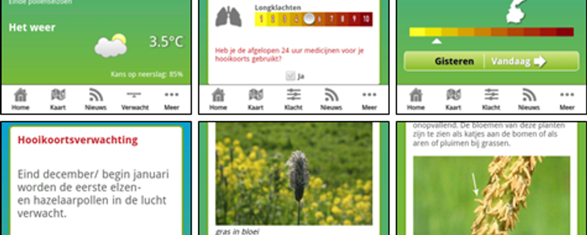 Screenshots van Allergieradar App. Boven van links naar rechts: Startscherm / Registreren klachten / Kaart met individuele klachten. Onder: Verwachting / Achtergrondinformatie planten / Achtergrondinformatie pollen