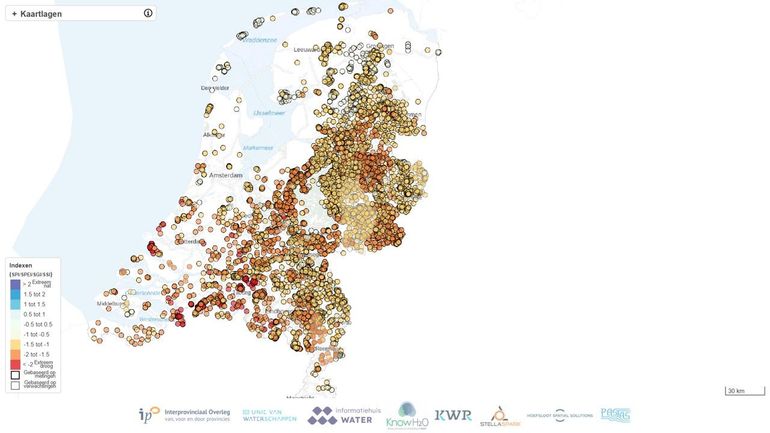 Figuur 2: Actuele 'Standardized Groundwater Index' (SGI). De SGI geeft aan in hoeverre grondwaterstanden boven of onder het langjarig gemiddelde liggen; negatieve waarden laten zien dat de grondwaterstand vooral op de hoge zandgronden duidelijk lager dan normaal is