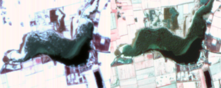 IJsbedekking op Schildmeer in Groningen op 27 januari (links) en 28 januari (rechts) 2014 (foto: Alterra, Wageningen UR)