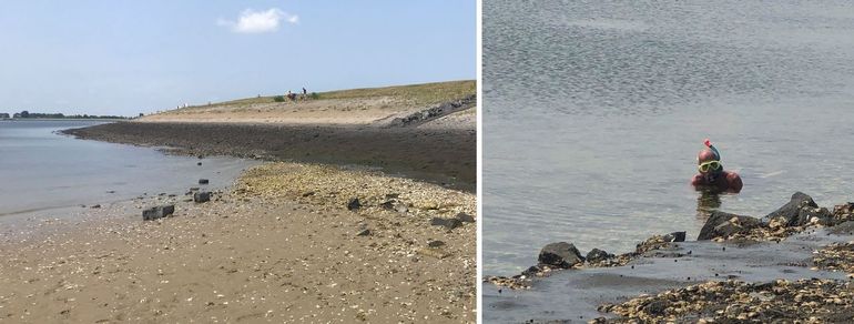 Omgeving Bergse Diepsluis. Links: strandje bij laag water, rechts: snorkelen bij hoog water