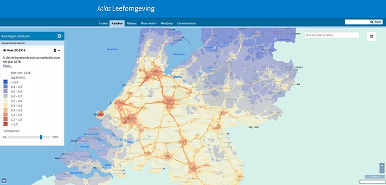 Berekende gemiddelde roetconcentratie 2016