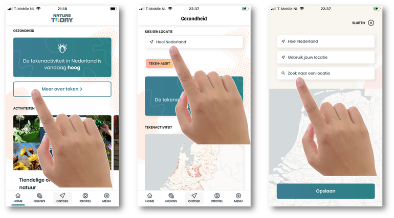 Scherm links: indicatie van actuele tekenactiviteit op het startscherm van de Nature Today App en op NatureToday.nl. Scherm midden: Teken-alertpagina met landelijke kaart en keuze voor locatie. Scherm rechts: met een abonnement kun je jouw eigen locatie of een locatie naar keuze kiezen. Je kunt ook inzoomen op de kaart en een locatie aanklikken. Vervolgens wordt voor de gekozen locatie de tekenactiviteit weergegeven