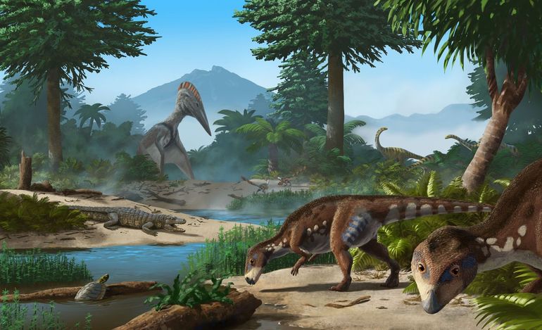 Inhabitants of the Island of the Dwarf Dinosaurs in present-day Transylvania in the Cretaceous: Transylvanosaurus (front right), as well as turtles, crocodiles, giant pterosaurs and other dwarf dinosaurs