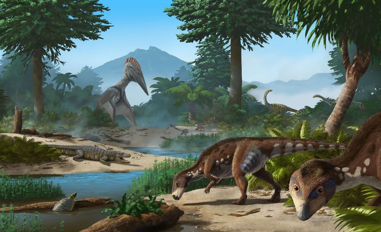 Bewoners van het 'eiland van de dwergdinosauriërs' gelegen in het huidige Transylvanië tijdens het Krijt: Transylvanosaurus met schildpadden, krokodillen, grote pterosauriërs en andere dwergdinosauriërs