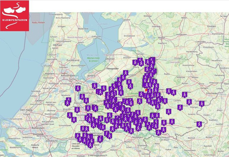 Kaart met de ligging van de klompenpaden in Gelderland en Utrecht