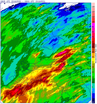 Overzicht van de hoeveelheid regen in millimeters die gevallen is tussen 30 mei 8 uur en 31 mei 8 uur