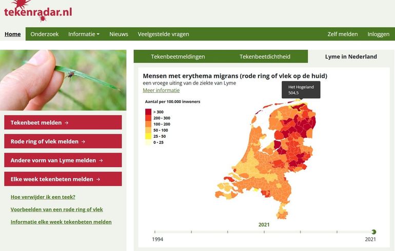 Screenshot Tekenradar.nl op 5 mei 2025 waarbij het tabblad ‘Lyme in Nederland’ boven de kaart is geselecteerd