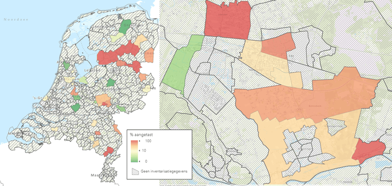 Links: Landelijke plaagdrukkaart op 17 juni 2022. Rechts: variatie in plaagdruk in de regio Ede, Veenendaal, Wageningen en Renkum
