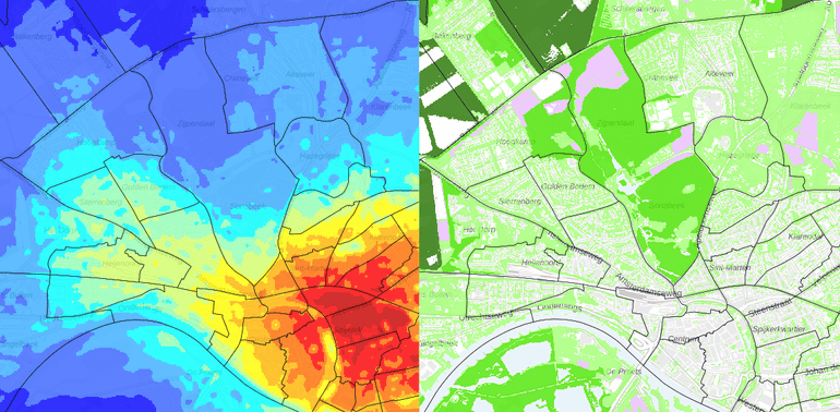 Bekijken we Arnhem op de kaart Stedelijk hitte-eiland effect (links), dan zien we de versteende binnenstad duidelijk rood oplichten. Het is er zo’n twee graden warmer dan in de omliggende wijken. De cijfers op de kaart zijn gemiddelden voor het zomerseizoen (juni, juli en augustus), maar op sommige zomerse dagen kan het verschil wel oplopen tot 7 of 8 graden Celsius. Leggen we de Groen-kaart (rechts) ernaast, dan zien we dat het in die wijken waar het minder warm wordt, veel groener is. Groen verkoelt dus, dat is duidelijk op de kaart te zien!