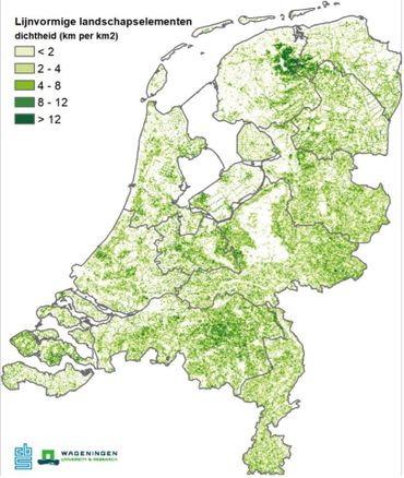 De Noardlike Fryske Wâlden zijn op deze kaart te herkennen als de groene vlek in het noorden. De dichtheid aan houtsingels en houtwallen kent in Nederland zijn gelijke niet