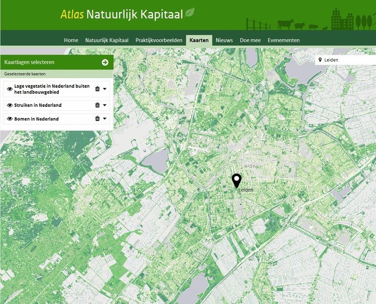 Drie groenkaarten op elkaar geven een totaalbeeld van de beschikbaarheid van groen in en rondom Leiden