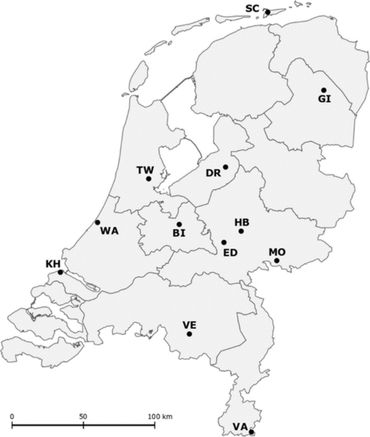 Twaalf gebieden waar elke maand teken zijn gevangen: BI Bilthoven, DR Dronten, ED Ede, GI Gieten, HB Hoog Baarlo, KH Kwade Hoek, MO Montferland, SC Schiermonnikoog, TW Twiske, VA Vaals, VE Veldhoven, WA Wassenaar