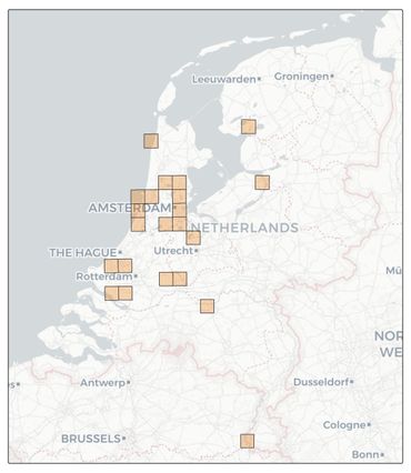 Overzicht van de telroutes waar &eacute;&eacute;n of meerdere argusvlinders zijn geteld