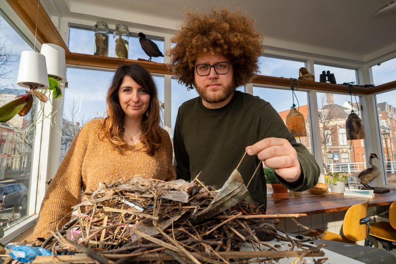 Biologen Auke-Florian Hiemstra en Liselotte Rambonnet tonen een 'coronanest'