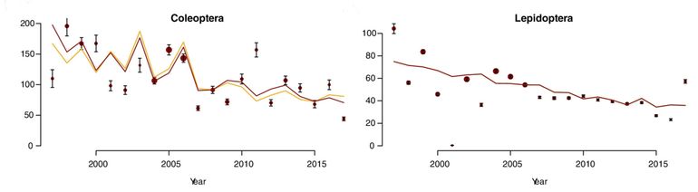 Trend van kevers (links) en vlinders (rechts) in de Kaaistoep