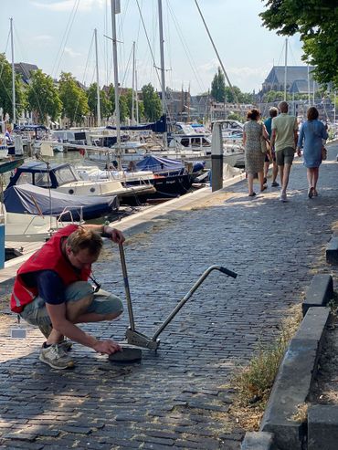 Sjoerd Gremmen trekt een klinker uit de straat om een bodemmonster te nemen voor zijn onderzoek
