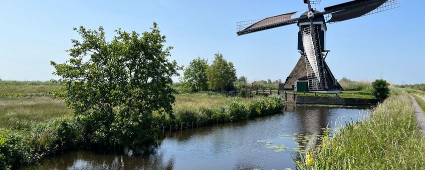 De kronkelende riviertjes en de boezems van Kinderdijk vormen het karakteristieke polderlandschap van Alblasserwaard.