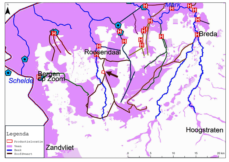 Bewerking van de kaart (Leenders, 2013) van de verdwenen venen in West-Brabant (1250 tot 1750). Zwarte pijl wijst naar waterwingebied Roosendaal (rode polygoon)
