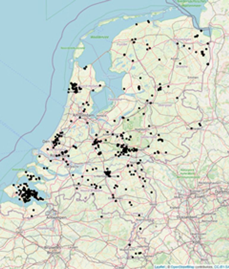 Kaart met de ligging van de bemonsterde locaties in 2020 op Waterdiertjes.nl