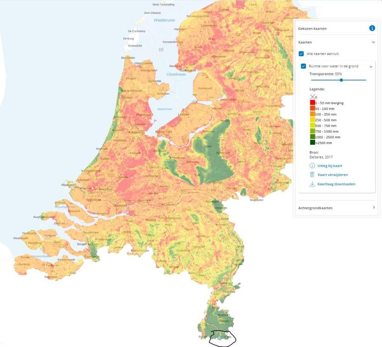 Op de kaart 'Ruimte voor water in de grond' op de Atlas Leefomgeving zie je het Geuldal in Epen onder op de kaart. De bodem kan hier in tegenstelling tot in de rest van Nederland veel water bergen