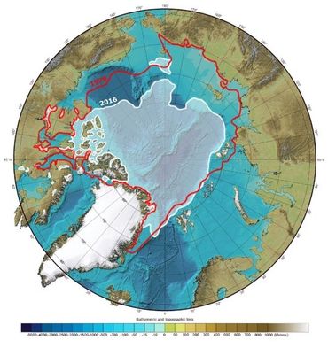 Kaart van de Arctische Oceaan die dieptemetingen en een vergelijking van de zee-ijsdekking aan het eind van de zomer laat zien in 1979 en 2016
