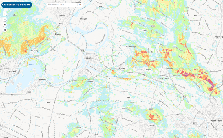 Kansenkaart voor klimaatbestendige natuur in Nederland. Hoe roder een gebied, hoe groter de kans dat er gradiënten voorkomen in het gebied
