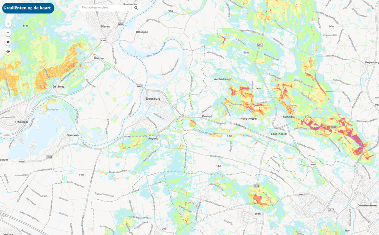 Kansenkaart voor klimaatbestendige natuur in Nederland. Hoe roder een gebied, hoe groter de kans dat er gradiënten voorkomen in het gebied