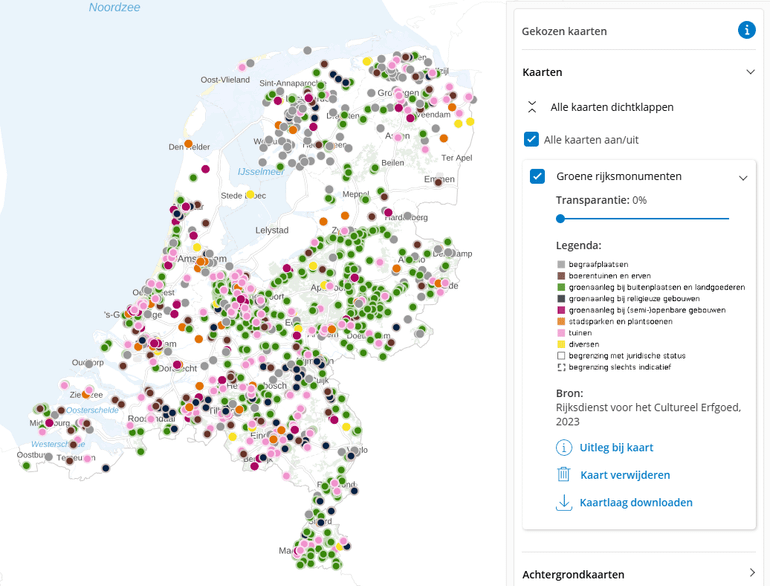 Op de kaart Groene rijksmonumenten zie je parken, tuinen en begraafplaatsen die beschermd zijn als rijksmonument. Maar het zijn ook vaak prachtige wandelgebieden. Klik op de kaart en kijk welke groene rijksmonumenten bij jou in de buurt liggen en wandel je helder
