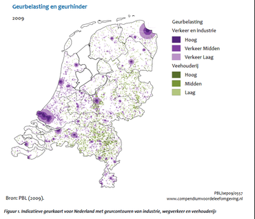 Indicatieve geurkaart voor Nederland met geurcontouren van industrie, wegverkeer en veehouderij 