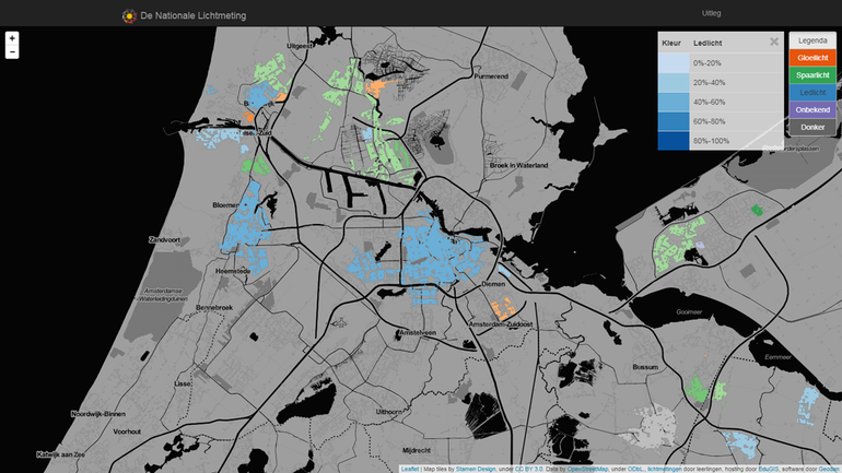 Screenshot van de actuele nationale lichtkaart ingezoomd op Amsterdam en omgeving