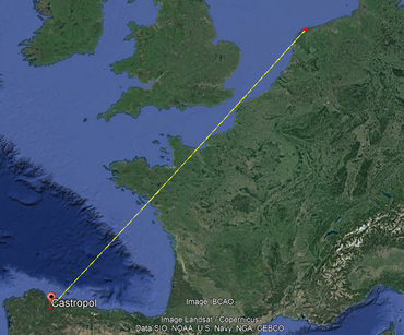 De afstand van de ringplek op Terschelling tot aan de plek waar de wulp in Spanje werd gezien, bedraagt bijna 1500 kilometer