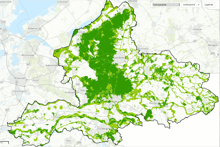 Groene ontwikkelingszone (lichtgroen) en Gelders Natuur Netwerk (donkergroen)