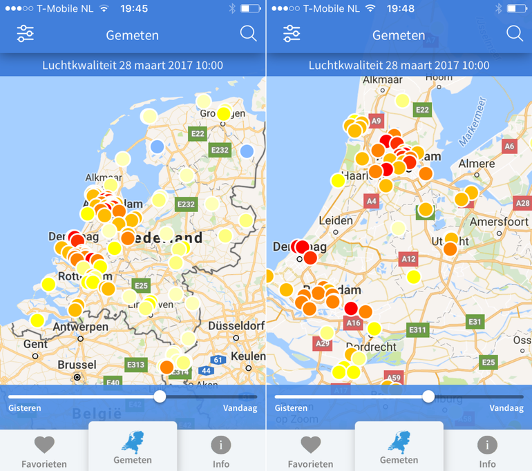 Gemeten luchtkwaliteit op 28 maart om 10 uur. Links heel Nederland en rechts ingezoomd op de Randstad. De rondjes geven de locaties aan waar de luchtkwaliteit gemeten wordt: de kleurcode voor de luchtkwaliteit is: geel=matig; oranje=onvoldoende; rood=slecht