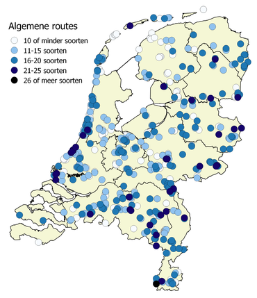 Ligging van de algemene telroutes uit het Landelijk meetnet Vlinders in 2016