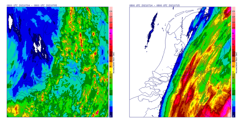 Intense en grote hoeveelheden neerslag in grote delen van het land op 5 en 15 juli 2021