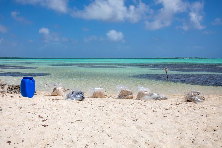 Opgeruimde olie op het strand van Bonaire