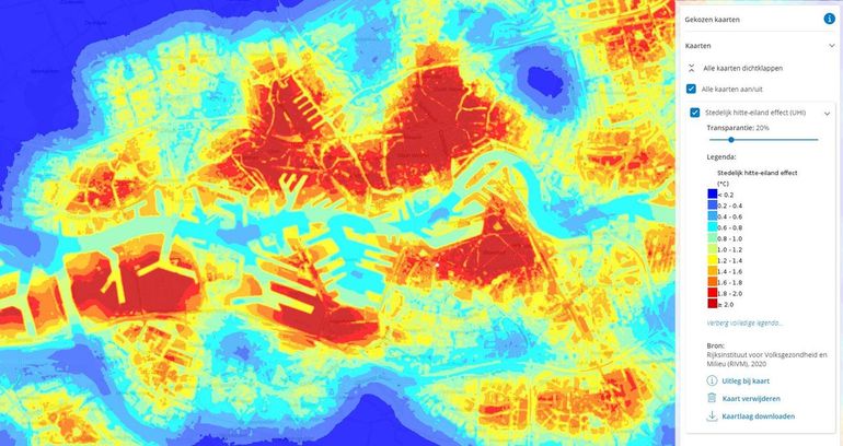 Op de kaart zie je het stedelijk hitte-eiland effect in Rotterdam. In de rode gebieden is het temperatuurverschil met het omringend meer dan 1.8 graden Celsius in de zomermaanden