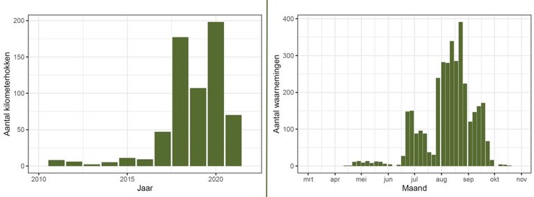 Aantal kilometerhokken per jaar vanaf 2011 en de vliegtijd van het staartblauwtje (Europese gegevens)
