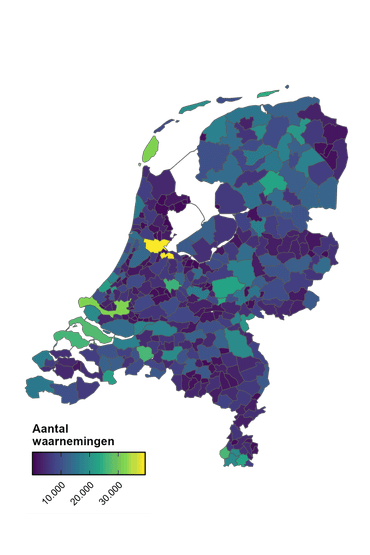 Aantal waarnemingen per gemeente in 2024