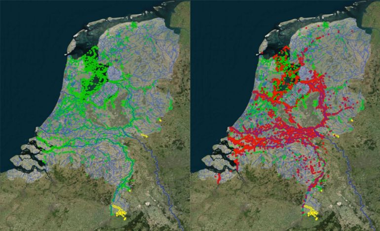 Links: leefgebied van rivierdonderpad (groen) en beekdonderpad (geel) voor uitbreiding van de exotische grondels. Rechts de verspreiding van exotische grondels tot 2016 (rood) over het leefgebied van de rivier- en beekdonderpad